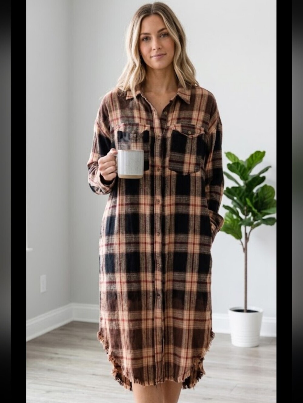 OLI & HALI Plaid Snap Down Mid Length Shacket Large Pockets Brown